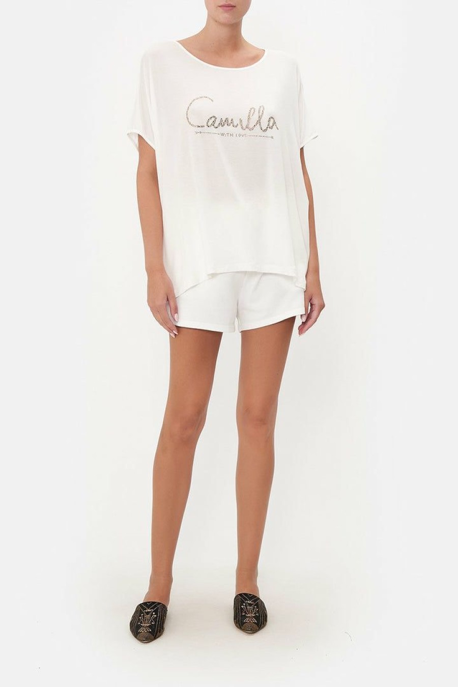 Accessories Camilla Eboutique (Us) | Camilla Eboutique (Us) Loose Fit Round Neck Tee Logo Capsule Solid White Clothing