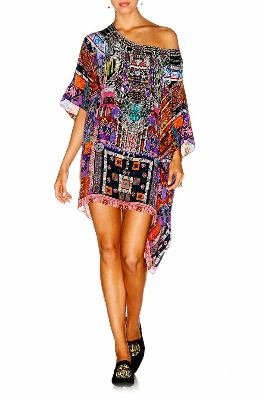 Swimwear Camilla Eboutique (Us) | Camilla Eboutique (Us) Short Round Neck Kaftan Patch Me Up Resort