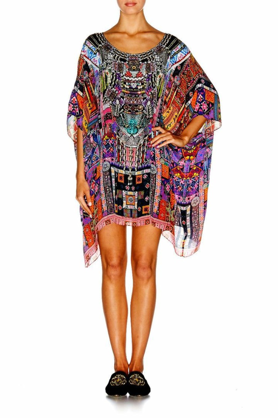 Swimwear Camilla Eboutique (Us) | Camilla Eboutique (Us) Short Round Neck Kaftan Patch Me Up Resort