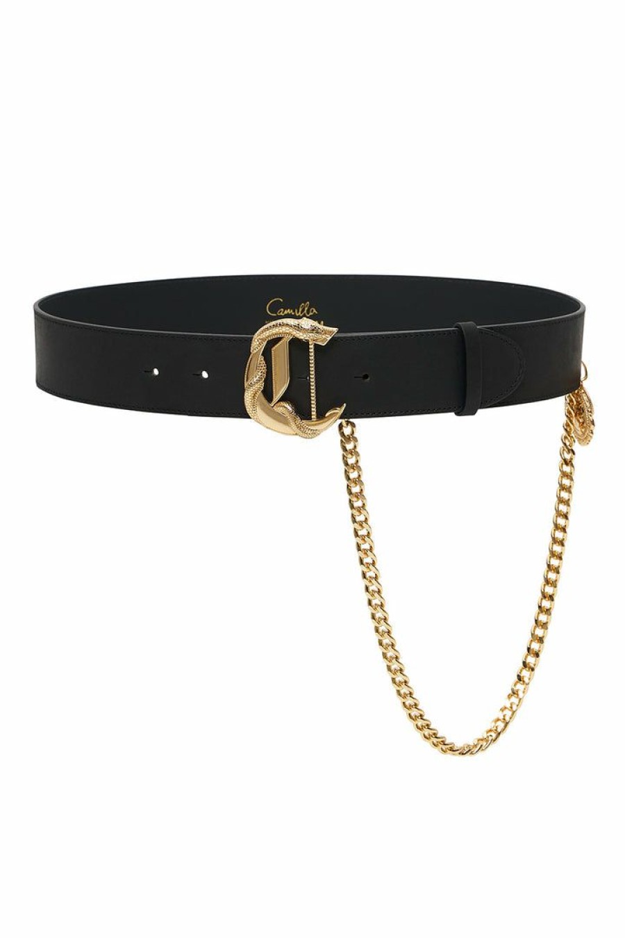 Accessories Camilla Eboutique (Us) | Camilla Eboutique (Us) C Buckle Leather Belt With Chain Solid Black