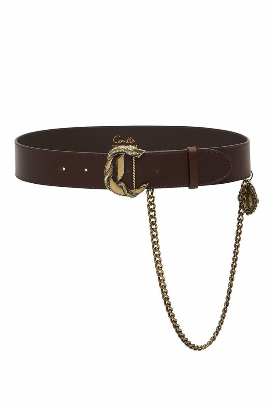 Accessories Camilla Eboutique (Us) | Camilla Eboutique (Us) C Buckle Leather Belt With Chain Solid Brown