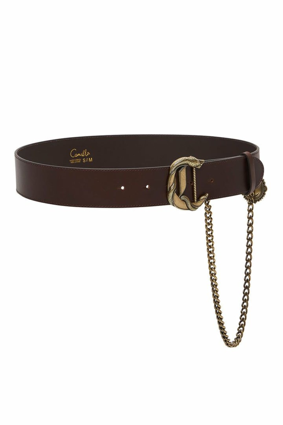 Accessories Camilla Eboutique (Us) | Camilla Eboutique (Us) C Buckle Leather Belt With Chain Solid Brown