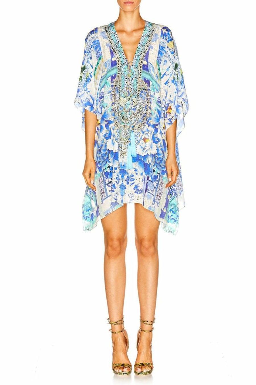 Swimwear Camilla Eboutique (Us) | Camilla Eboutique (Us) Resort Short Lace Up Kaftan Porcelain Paradise