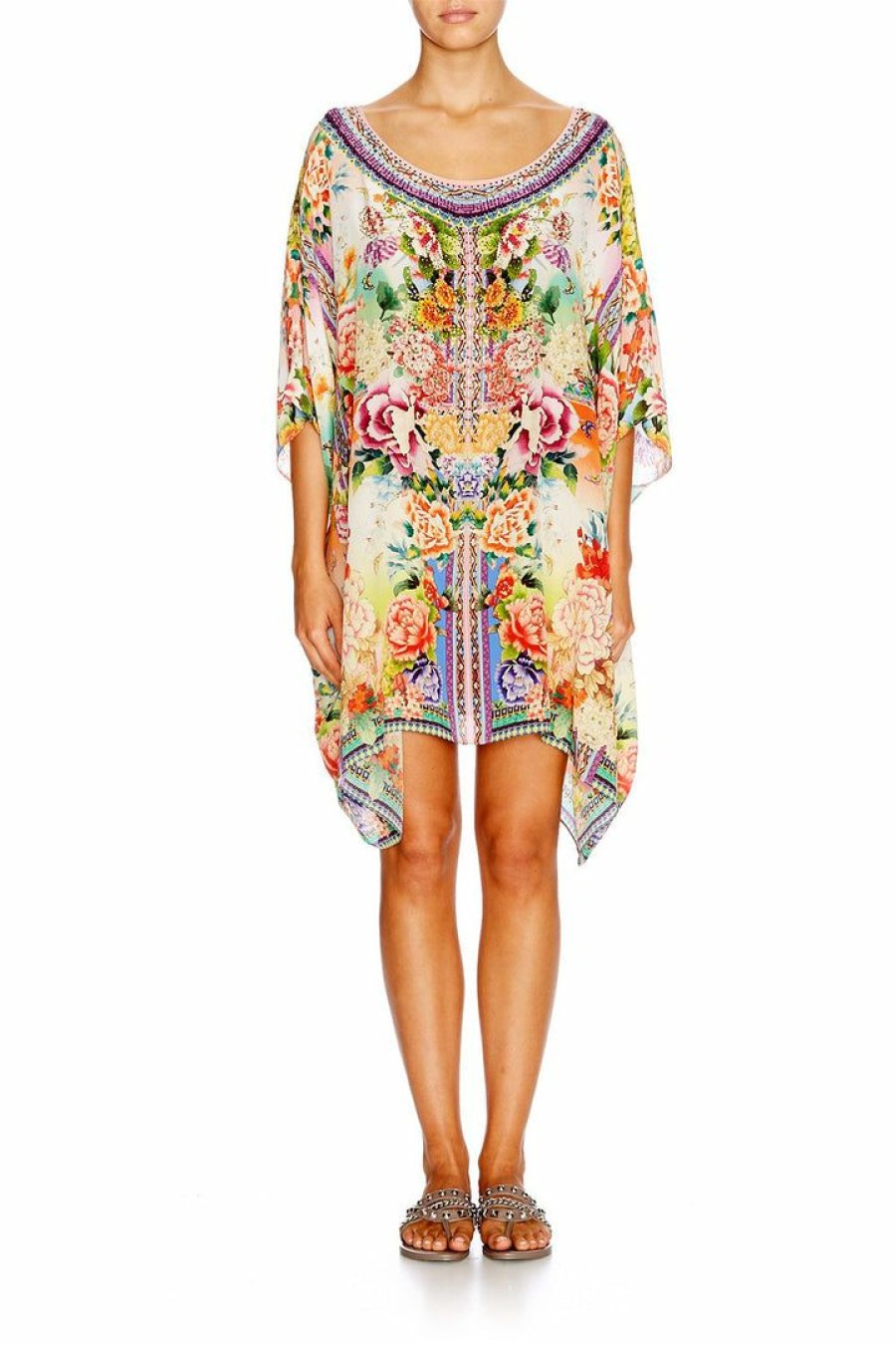 Swimwear Camilla Eboutique (Us) | Camilla Eboutique (Us) Short Round Neck Kaftan Flower Hour Resort