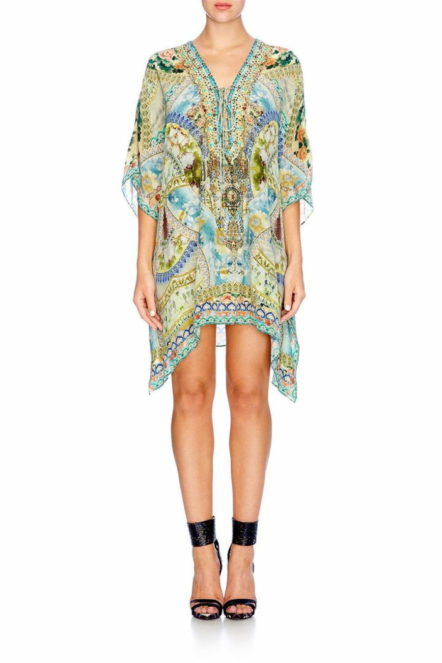 Swimwear Camilla Eboutique (Us) | Camilla Eboutique (Us) Resort Short Lace Up Kaftan Sign Of Peace