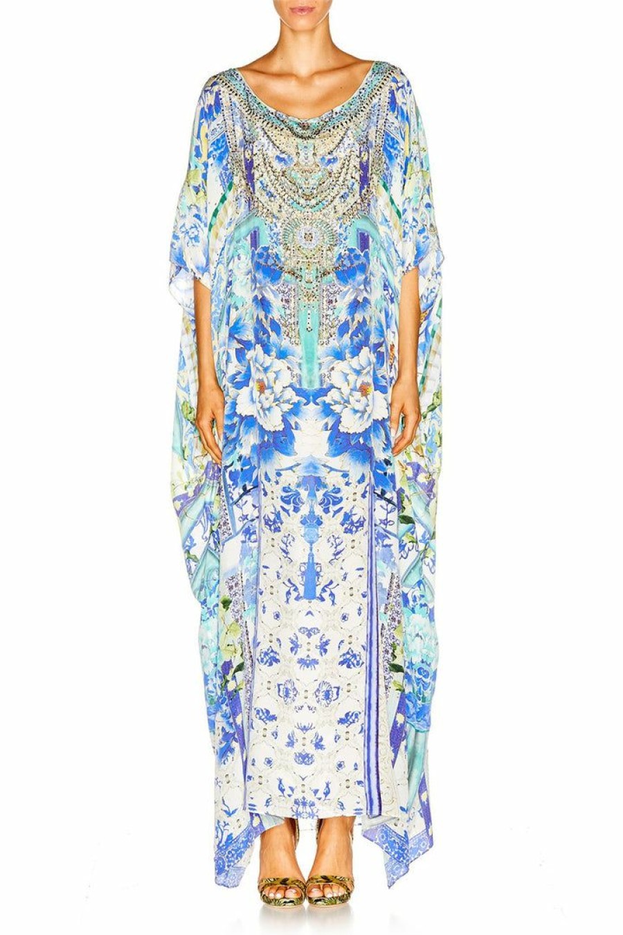 Swimwear Camilla Eboutique (Us) | Camilla Eboutique (Us) Resort Round Neck Kaftan Porcelain Paradise