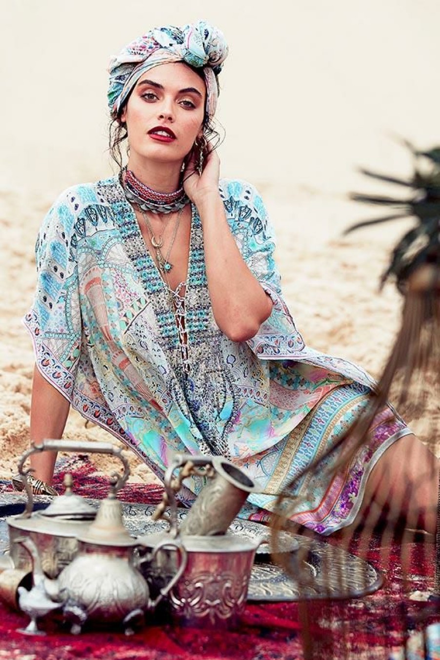 Swimwear Camilla Eboutique (Us) | Camilla Eboutique (Us) Resort Short Lace Up Kaftan My Dubai Dream